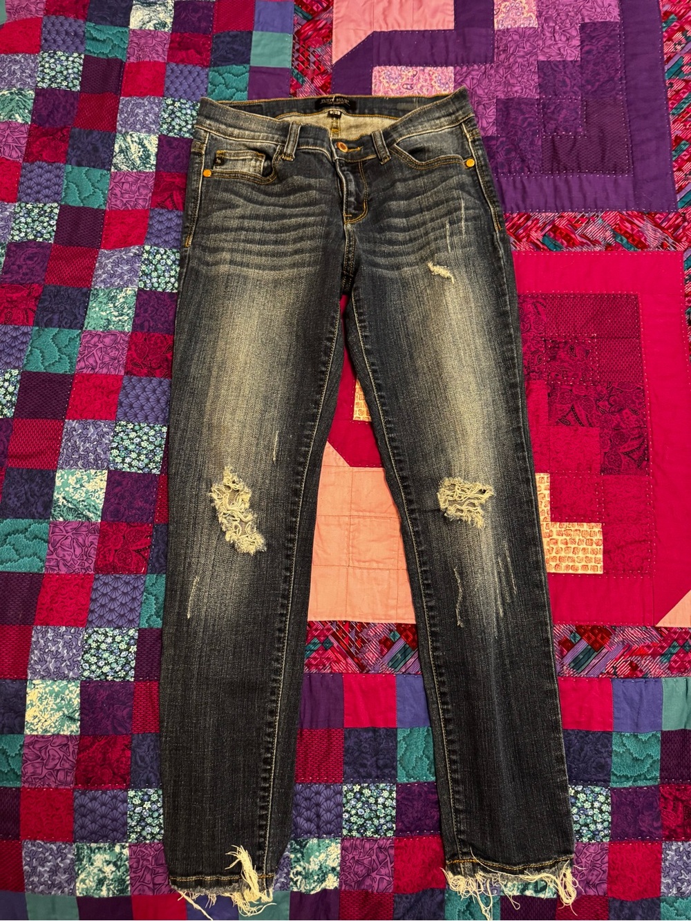 Judy Blue Distressed Dark Blue Jeggings with Frayed Hem